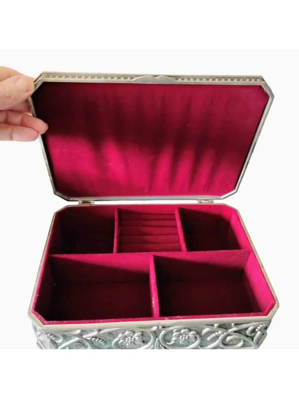 Vintage Godinger Silver Plate Jewelry Box, Floral Engraving, Red Velvet Lining